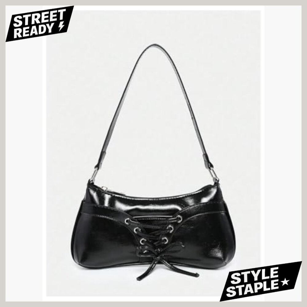 Vintage Y2K Shoulder Bag with Bow Lace PU Leather Handbag - Picture 3 of 5